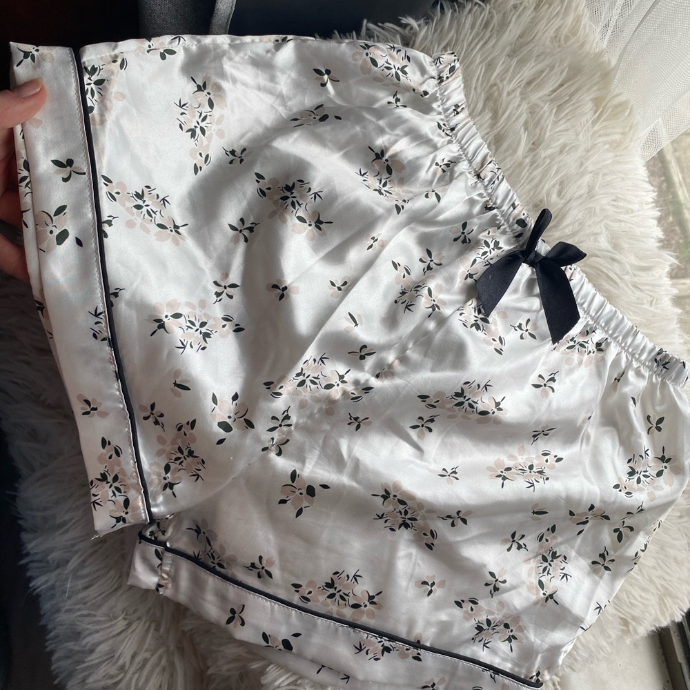 Floral Satin Pajama Shorts White Wedding